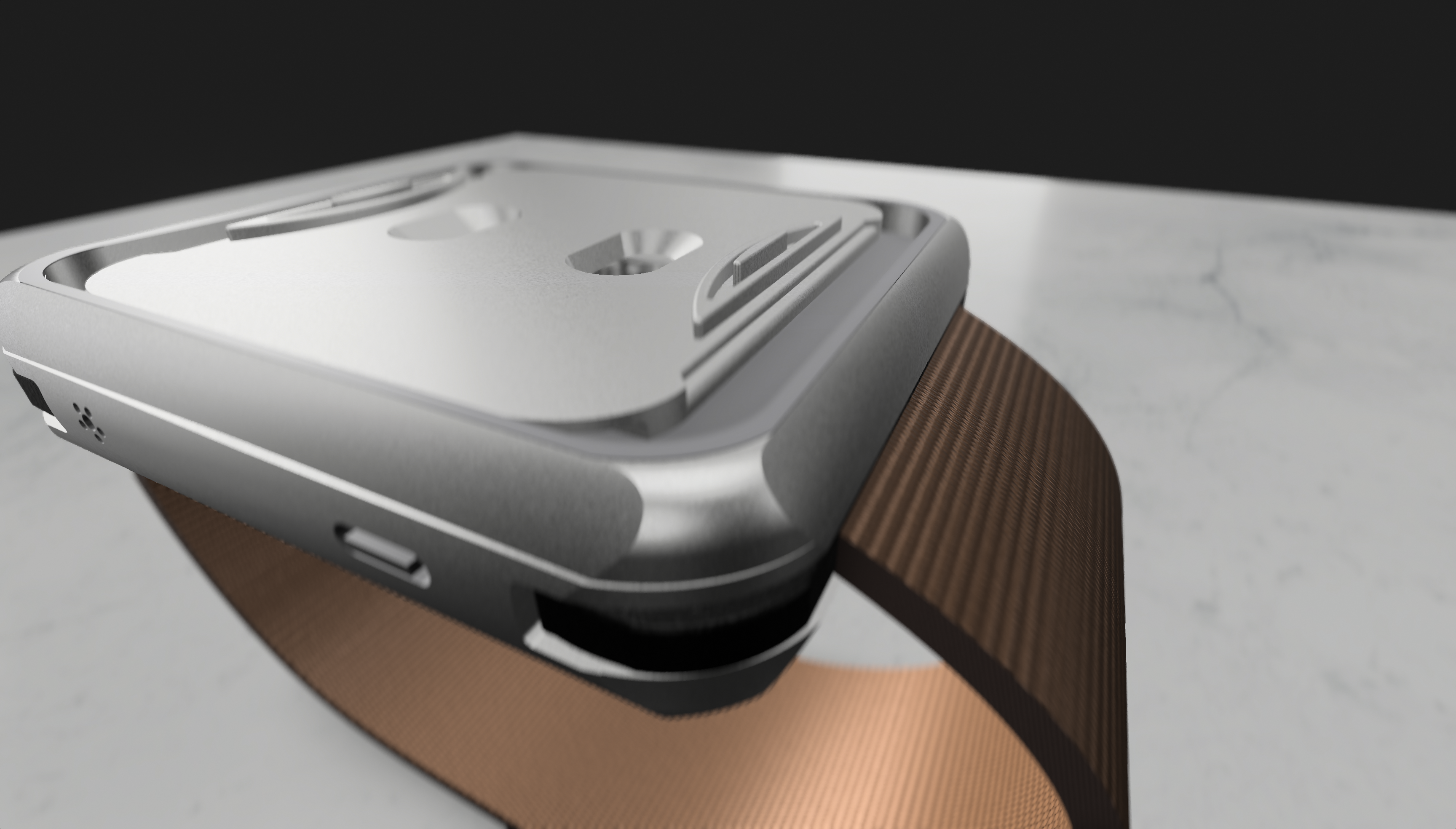 Close-up render of the tacet case showing its top controls
