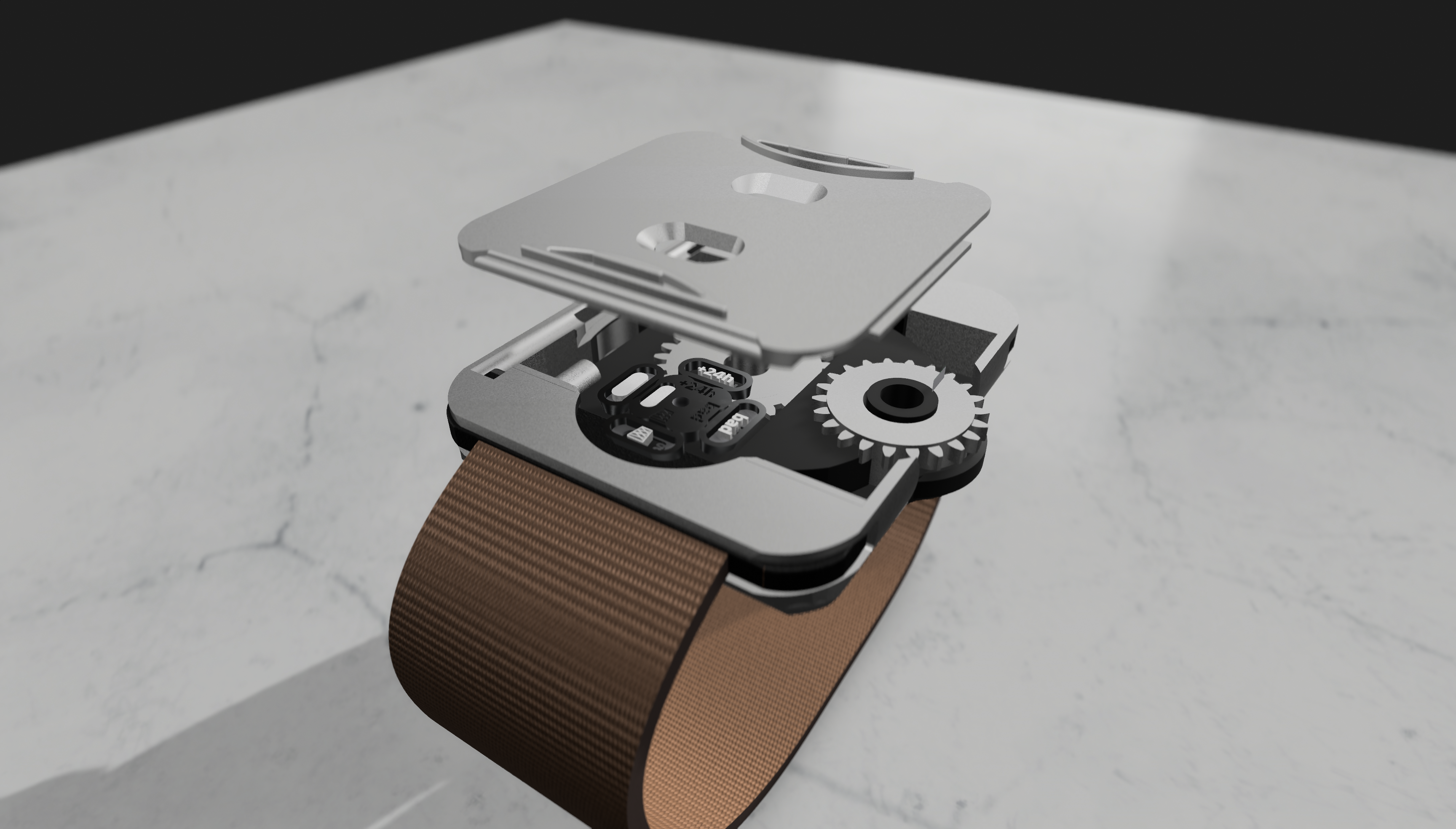Render of the open housing showing the two geared wheels and labelled dials on the shared axis