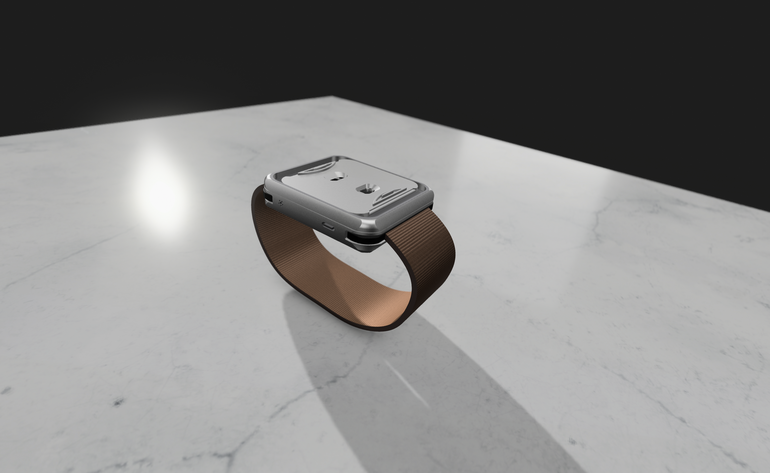 tacet device render: a cushion-shaped silver aluminum case with a woven copper strap, resting on a marble surface