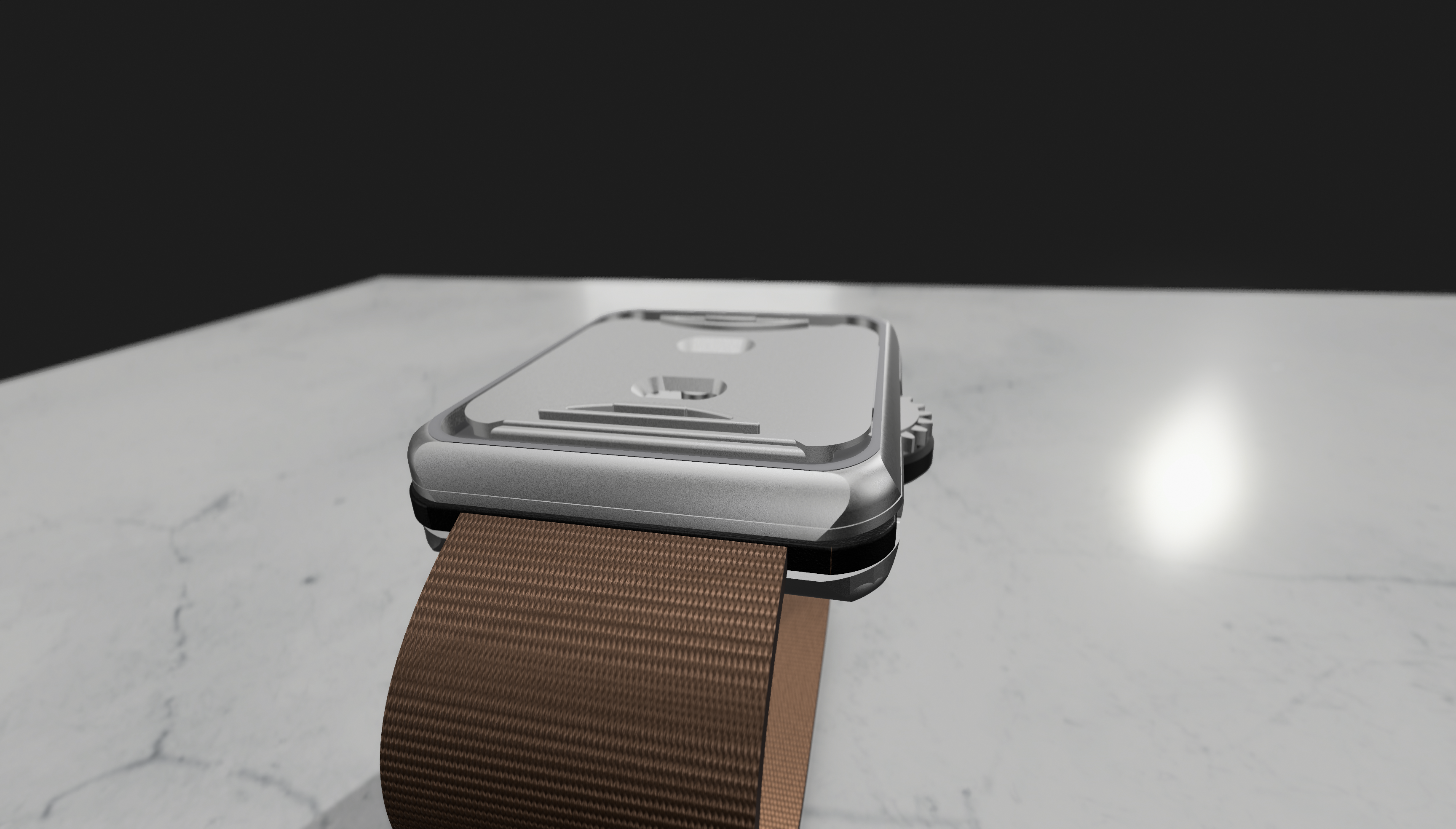 Side render of the tacet case on its woven strap