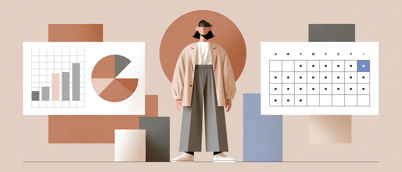 Editorial illustration of a chart-and-analytics tracker view beside a calendar streak view, a figure standing between them, unmoved