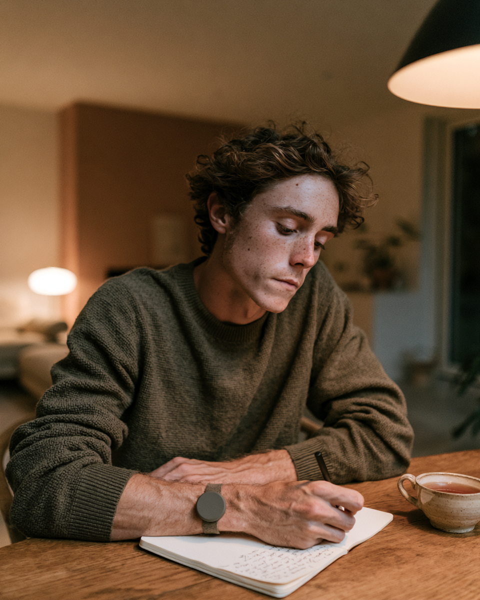 A young man writing quietly in a notebook by lamplight in the evening, wearing tacet on his wrist