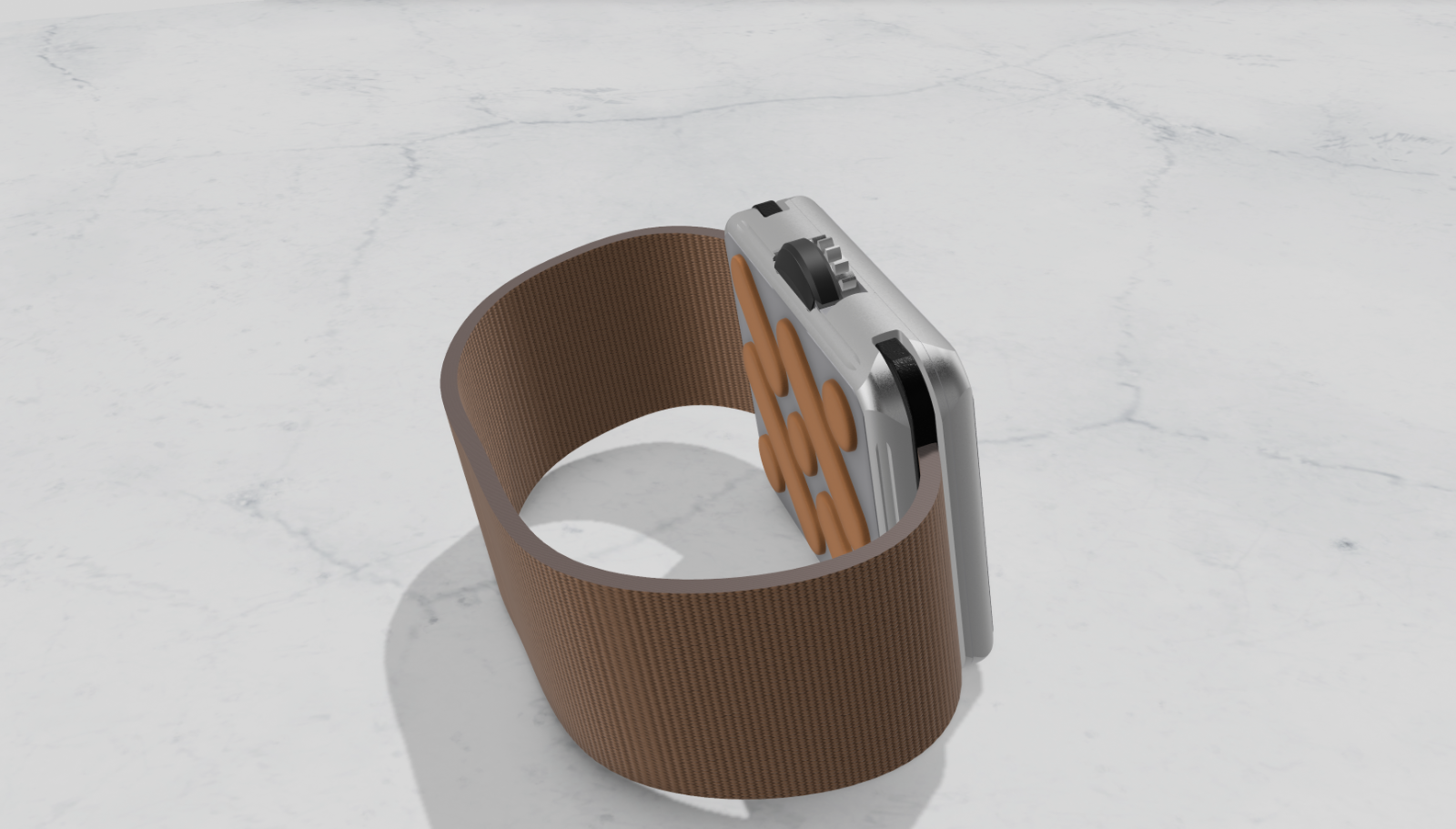 Side render of the tacet wearable showing its cushion-shaped body and woven copper strap